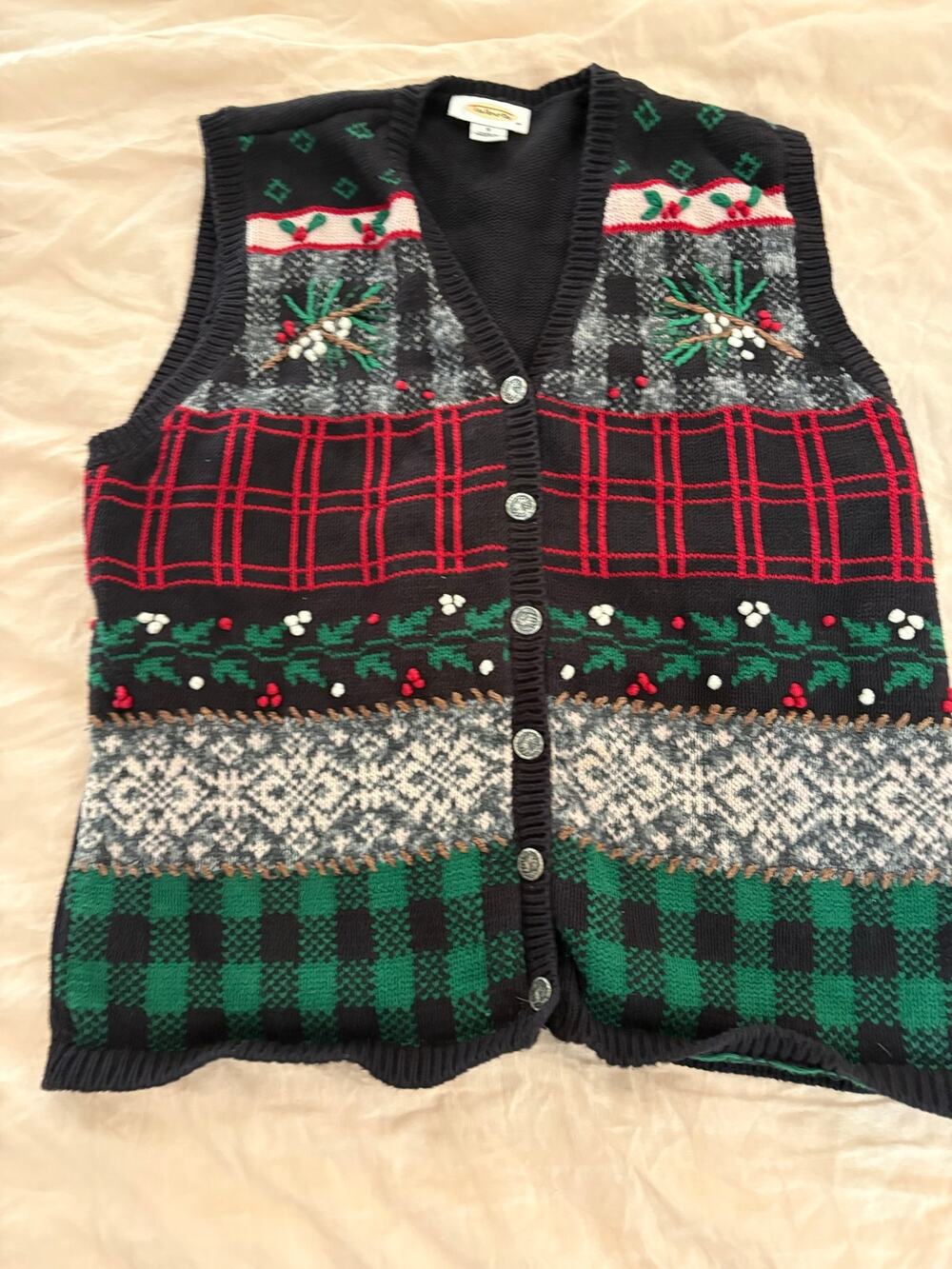 Vintage Talbots Christmas Ugly Sweater Vest Plaid Holly Knit Button grannycore